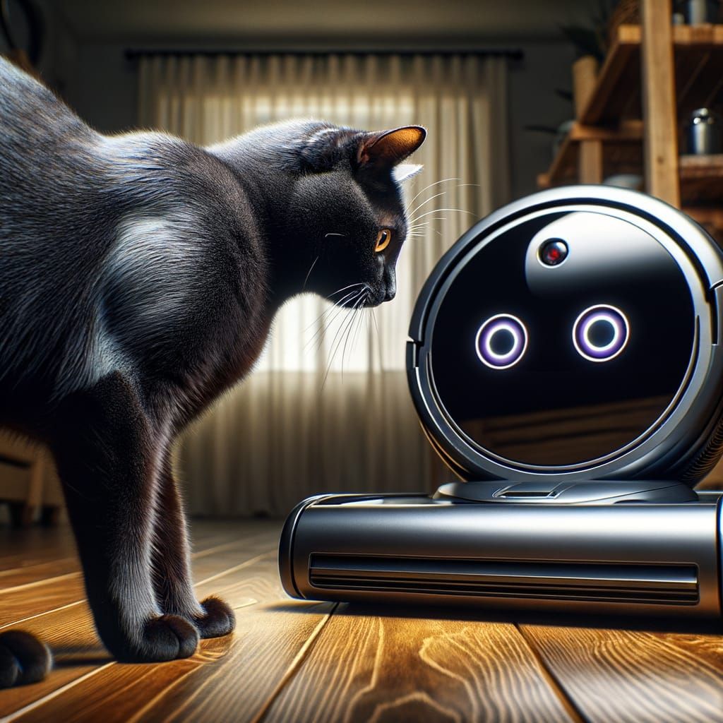 Scared Cat Confronts Robot Vacuum Cleaner