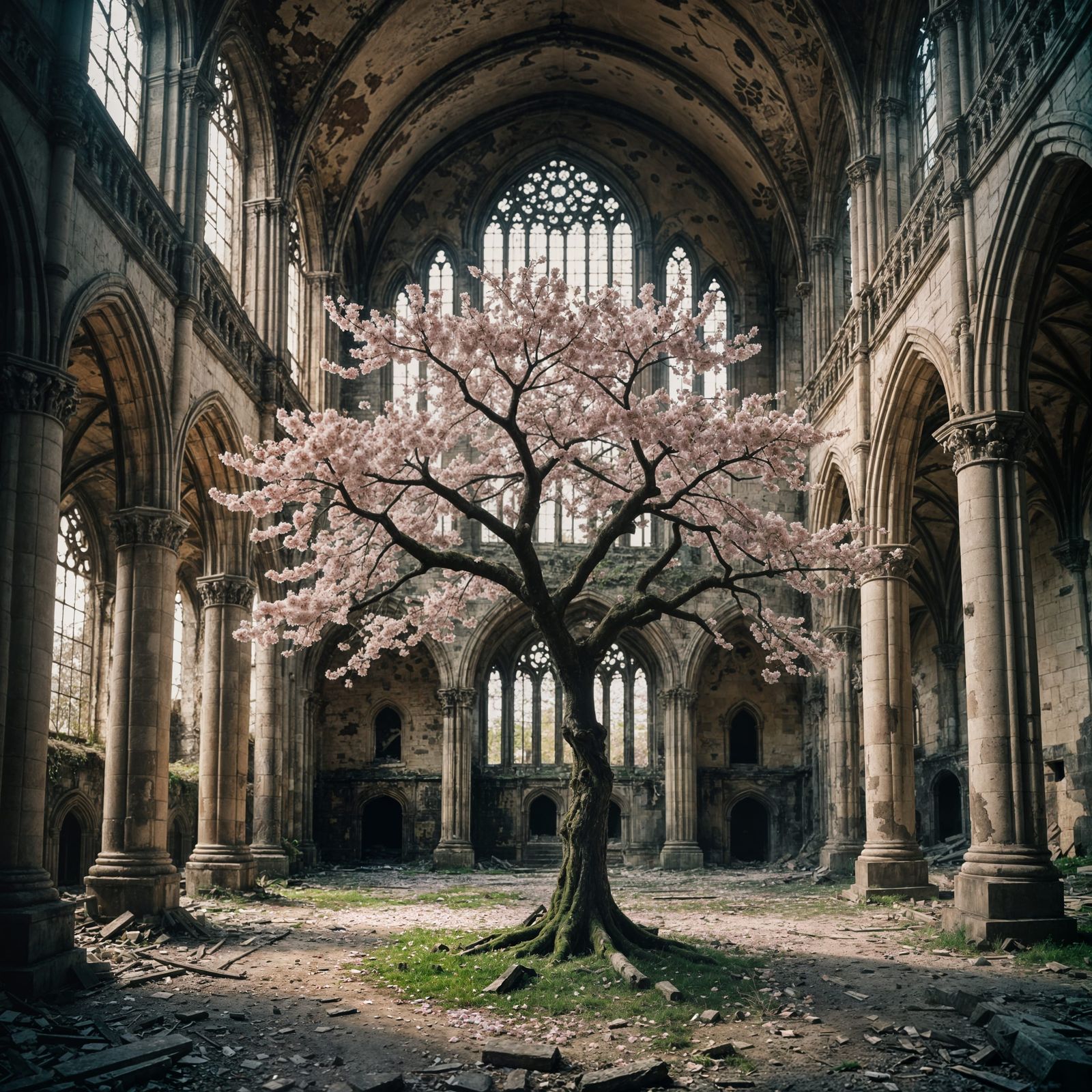 a cherry blossom tree growing inside an abandoned ruined cathedral   by @Tanke