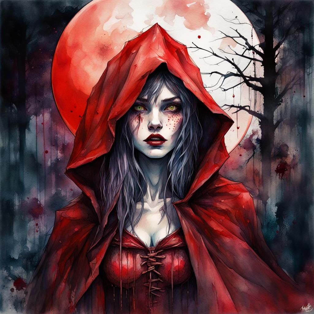 Red riding hood reimagined as a bloodmoon vampire, Dark Fairytale - AI ...