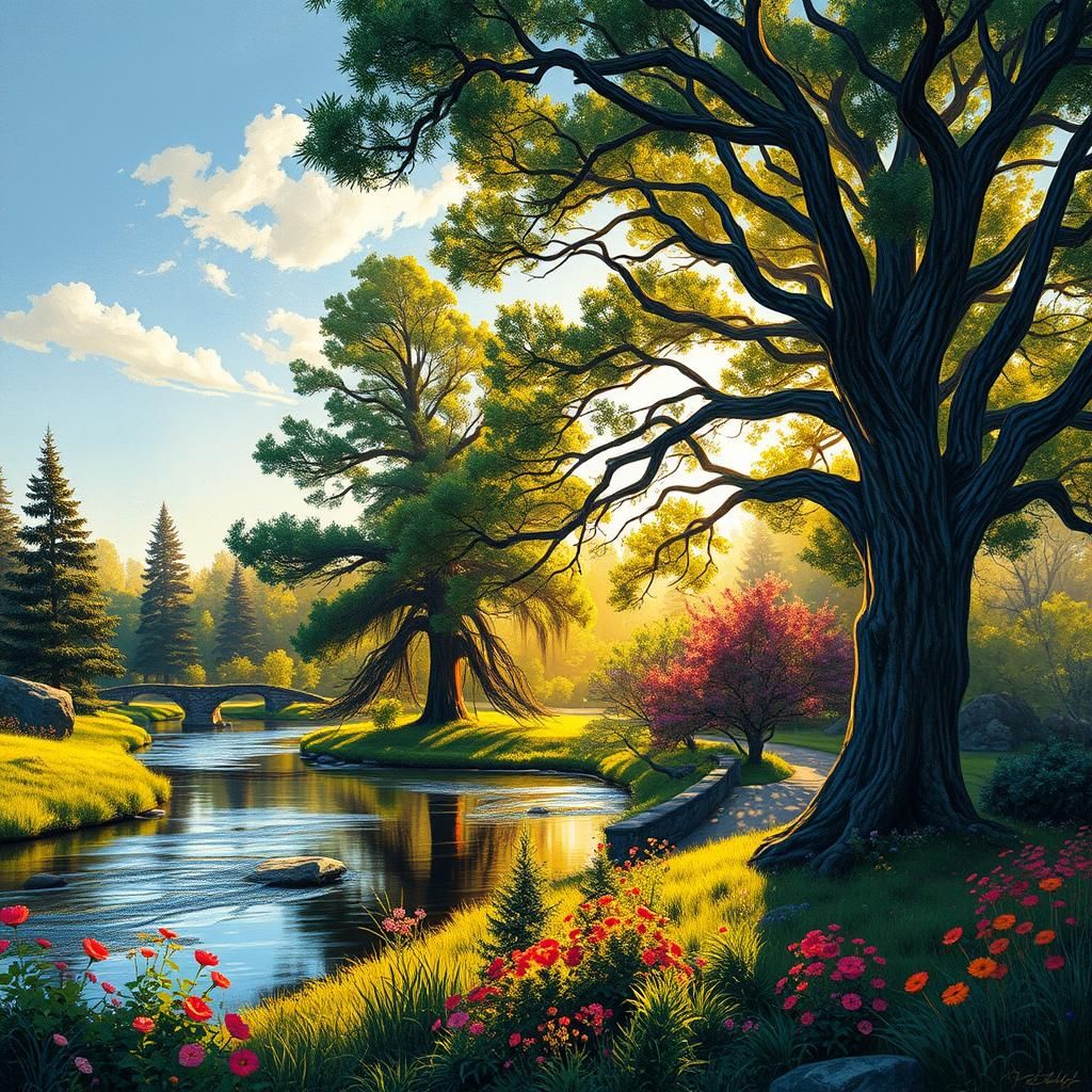 Colorful Garden Beside River in Graffiti and Splash Art Styl...