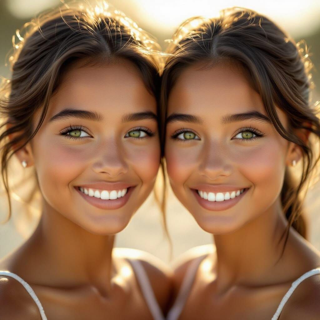 Identical Twins With Tan Skin and Green Eyes Smiling