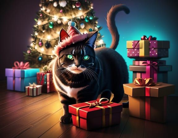 Vibrant Digital Art Cat on Gifts With Glowing Eyes