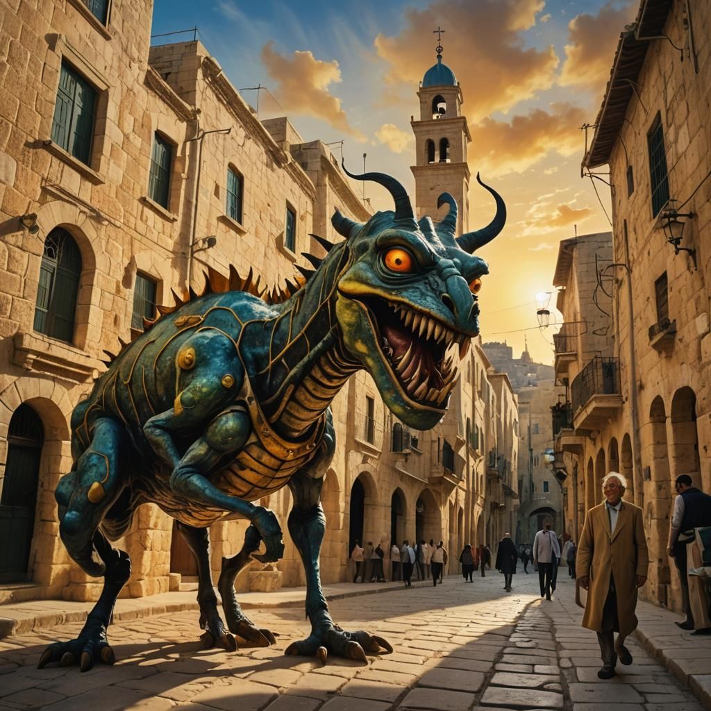 Monstrous Creatures Roam Jerusalem in Surrealist Style