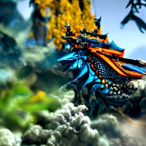 Samurai dragon flying in fractal clodes