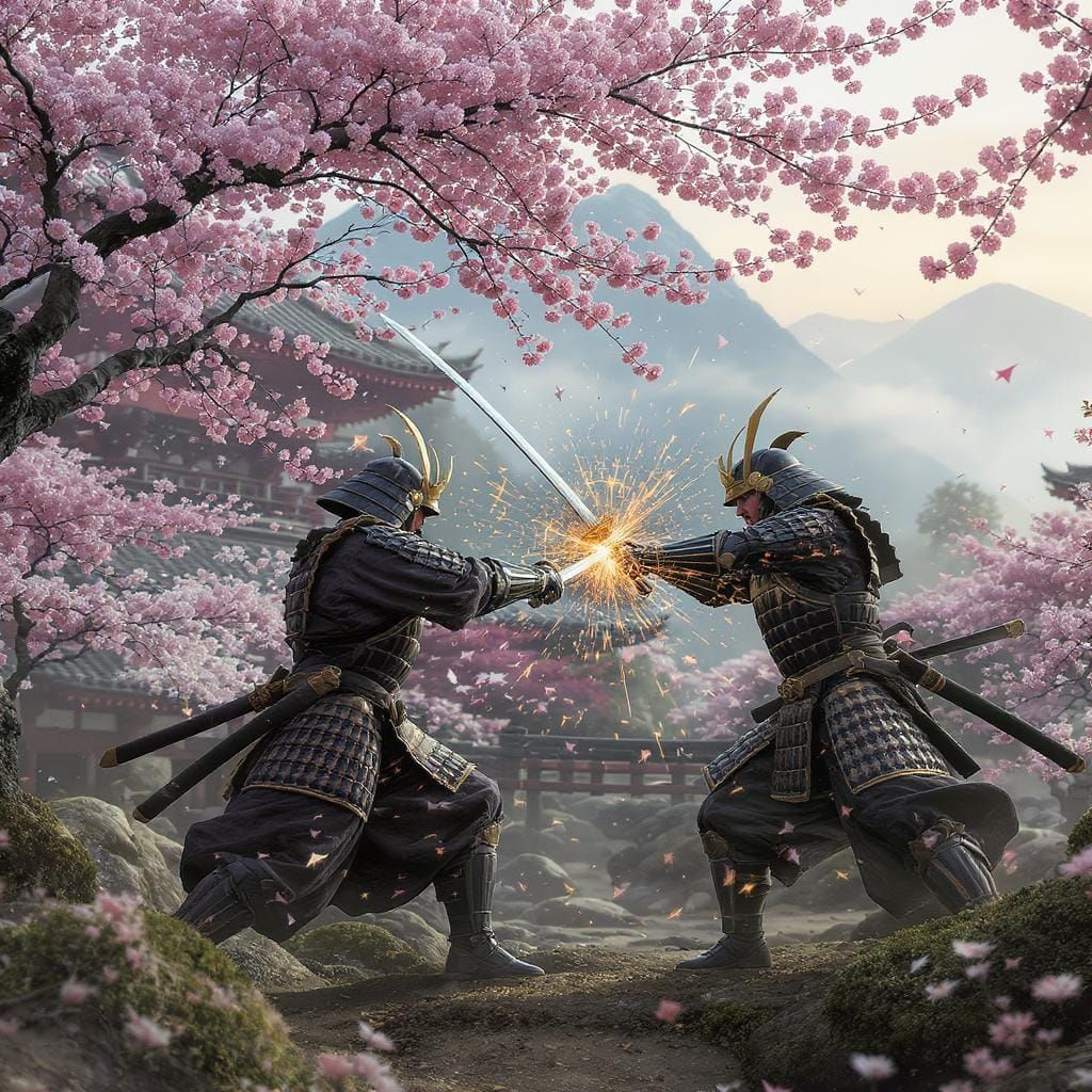 Two samurai warriors engaged in a fierce duel beneath a canopy of cherry blossoms, their swords clashing in a flurry of sparks. The scene is...