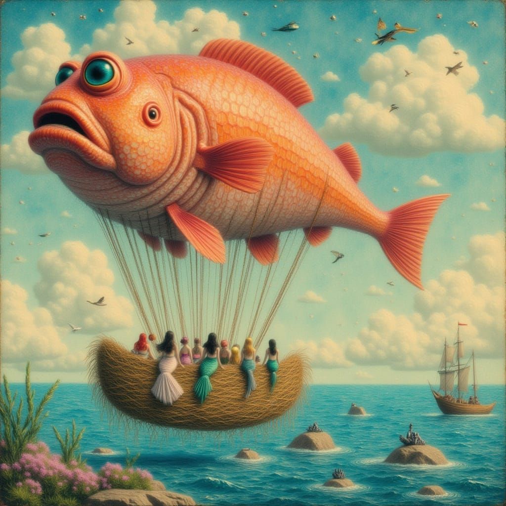 <lora:Texture:1.0> <lora:SurrealRetro:1.0> A giant pufferfish hot air balloon carries a group of mermaids to the clouds above the sea