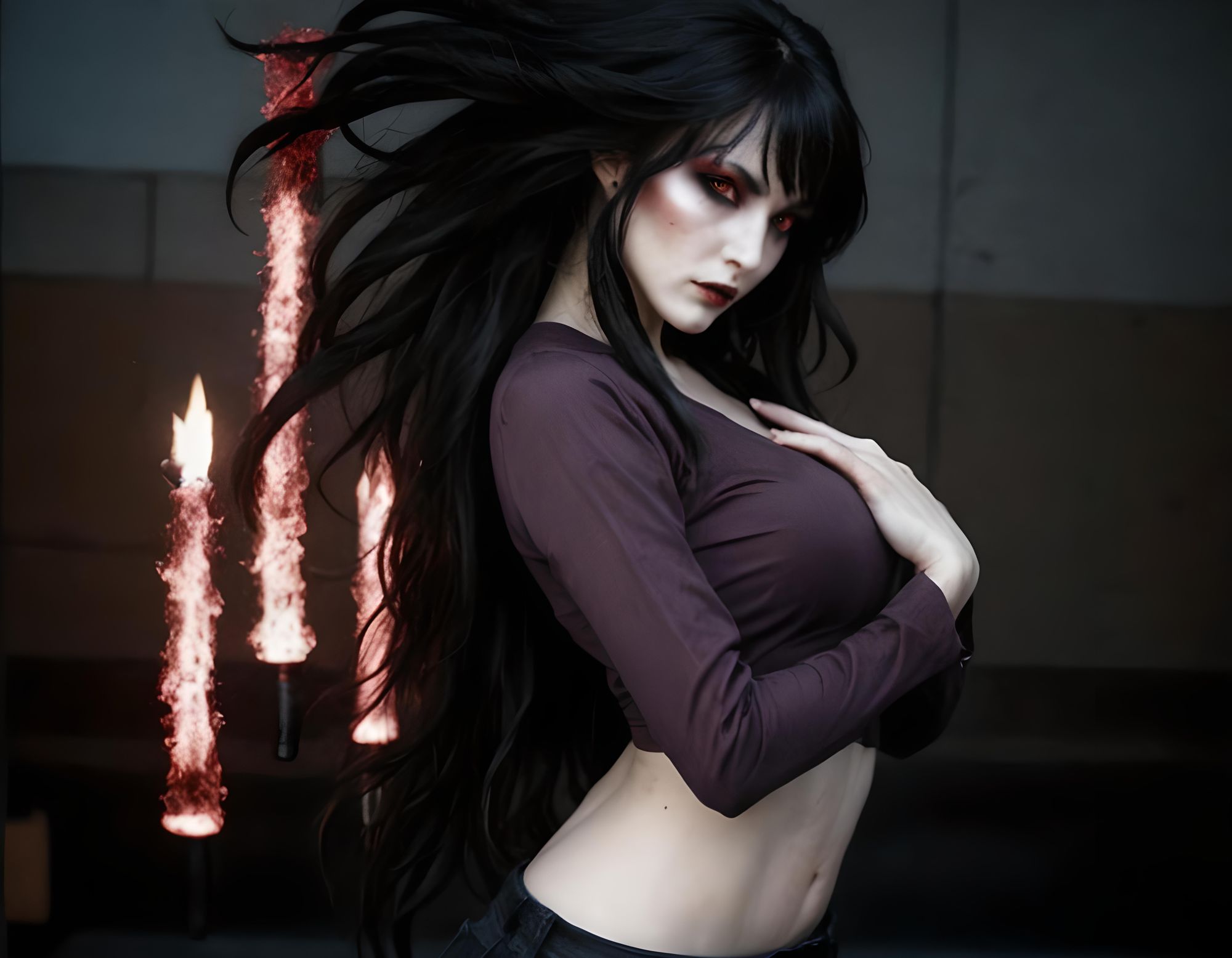 Beautiful Asian Japanese young very woman wearing a purple suit with midriff in the style of a Japanese styled librarian kimono