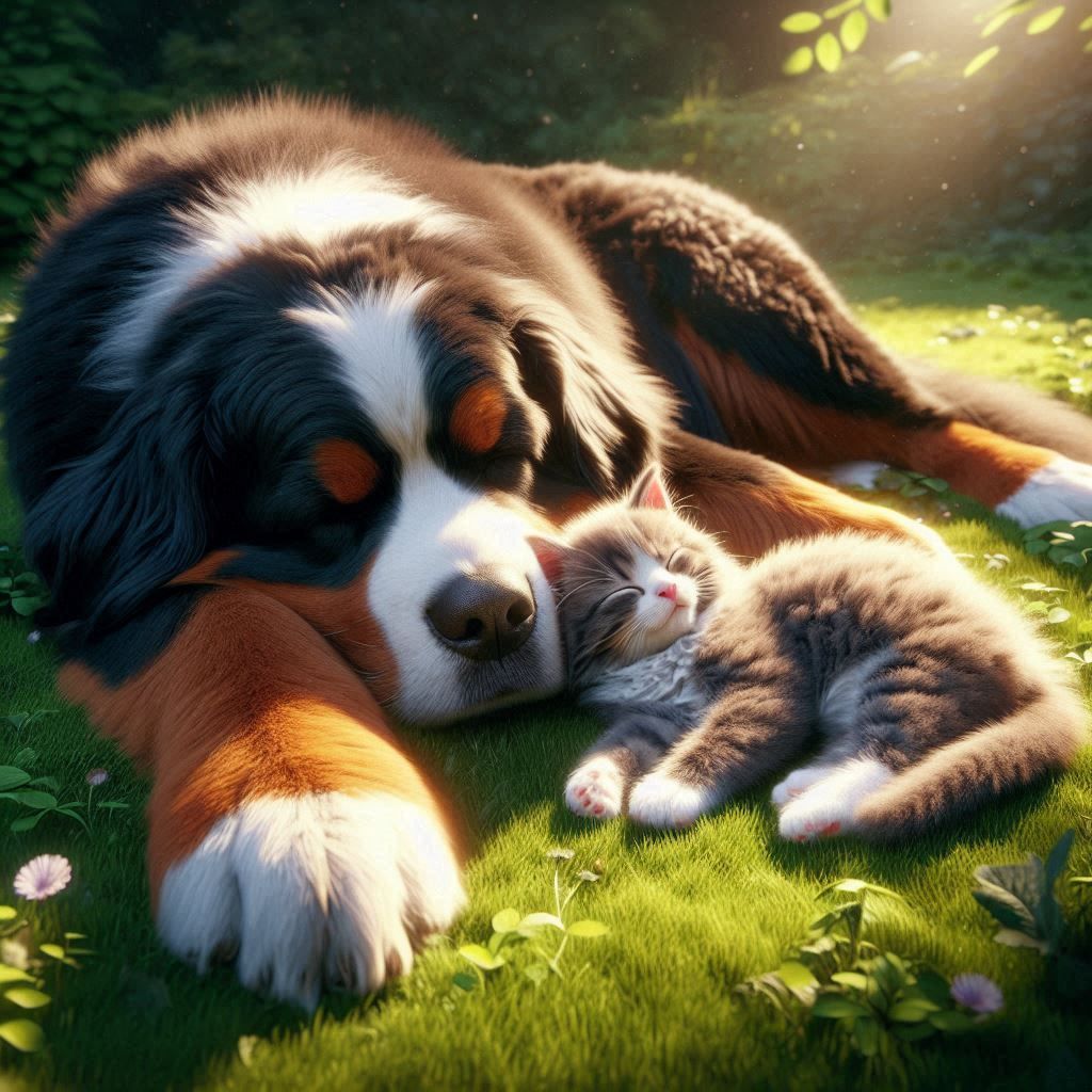 bernese mountain dog and kitten sleeping.