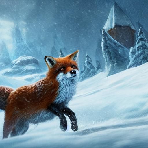 Fox Running Through Snow: Detailed Matte Painting