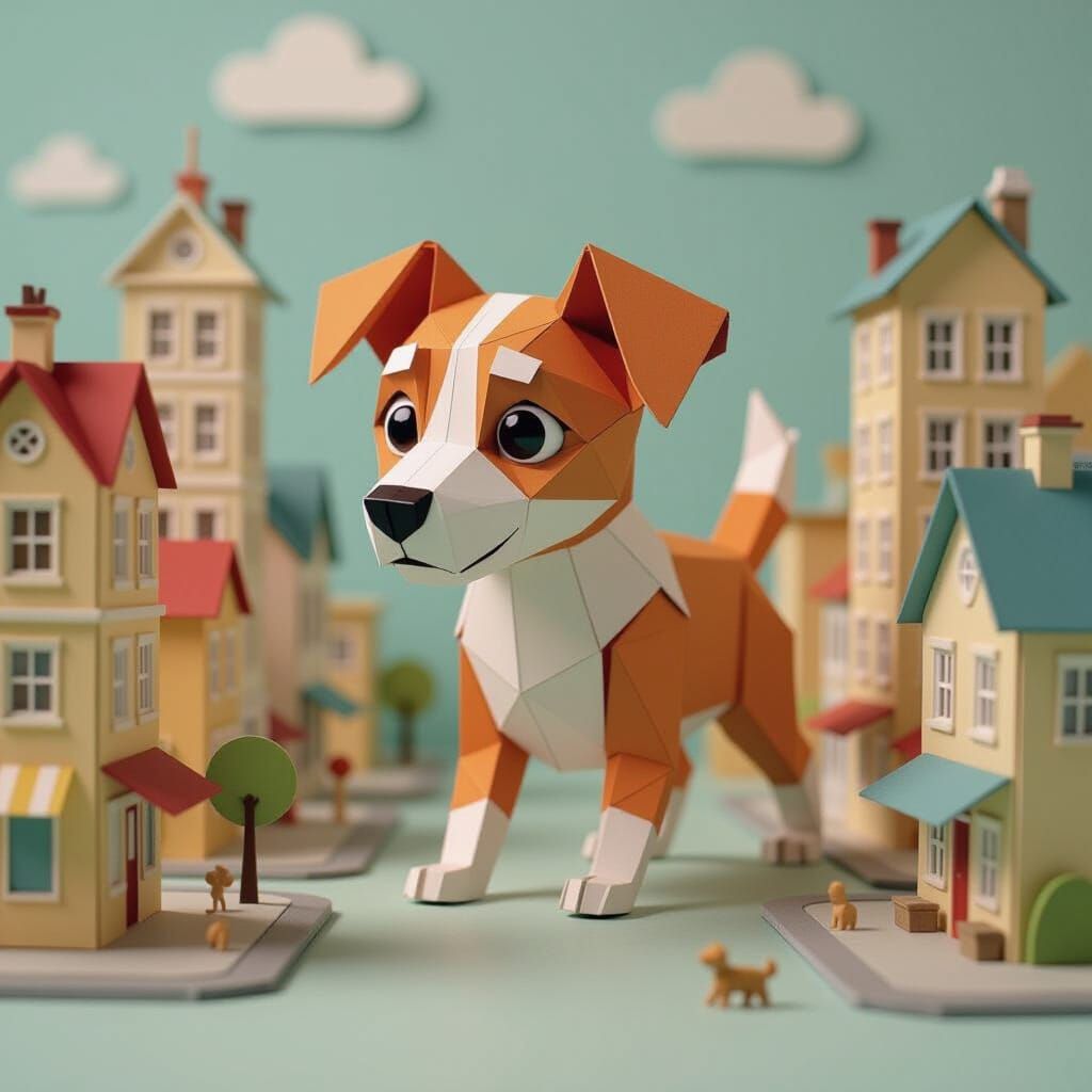 Whimsical Paper Dog in Miniature Cardstock City