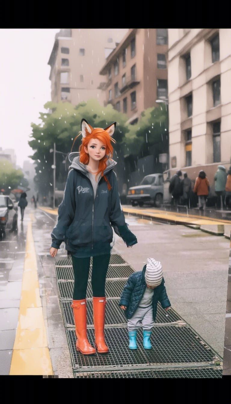 Fox-girl VIXEN and her daughter Kitt walking in the rain. Kitt discovers the subway below her feet.