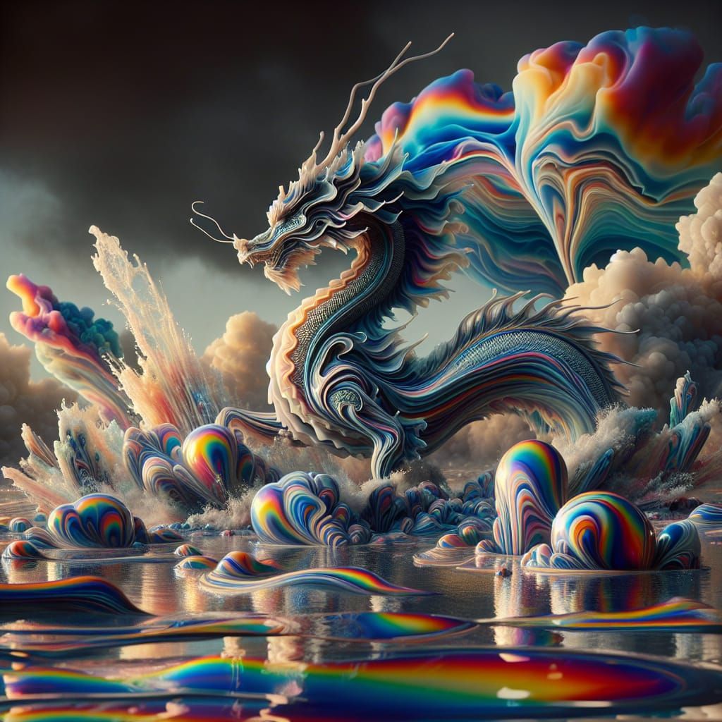 a lake of colorful non-newtonian fluids, vibrations causing the fluid to rise up in a rippled shape of ...  by @Mamaiguana 