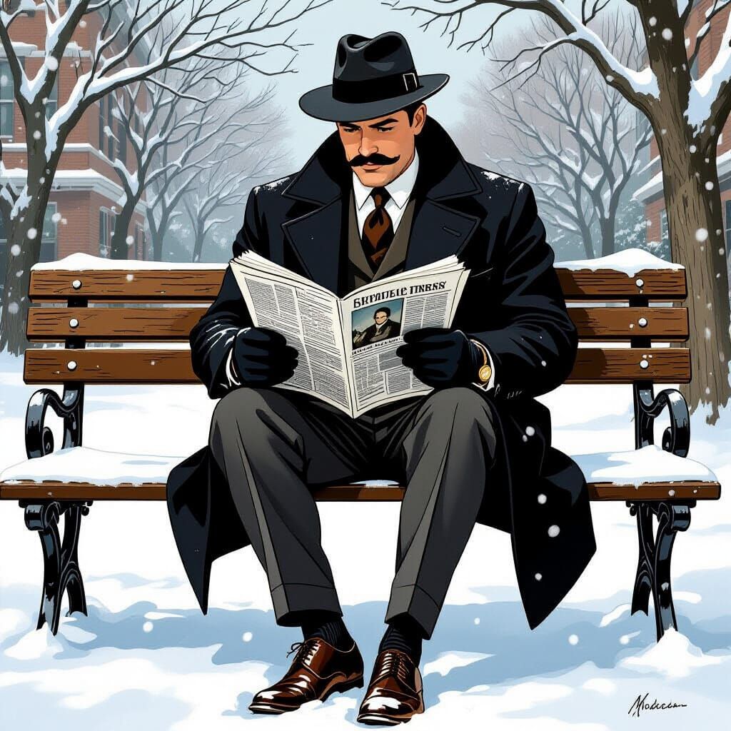 A sophisticated 1950s gentleman sitting on a wooden bench in a quiet garden during snowfall. He wears ...  by @LEO