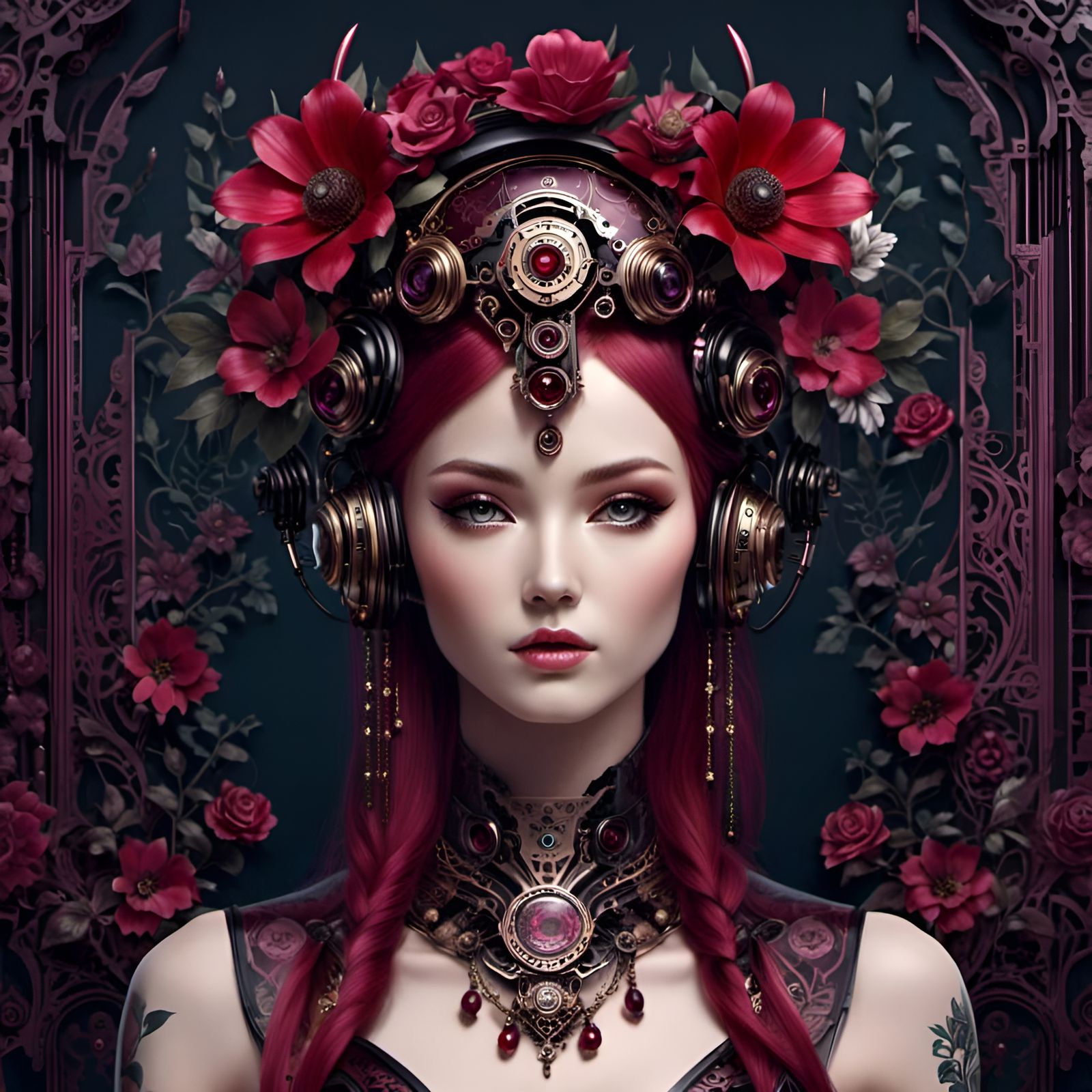  <lora:Crimson:1.0>A beautiful cyberpunk humanoid :: flower crown ::  digital burgundy tattoos :: tropicalpunk