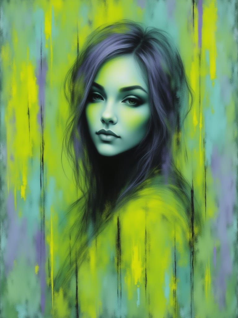 <lora:Messy chalk:1.0> female Half body length, messy chalk, fuzzy vertical lines, vivid lime green, lilac shapes in background