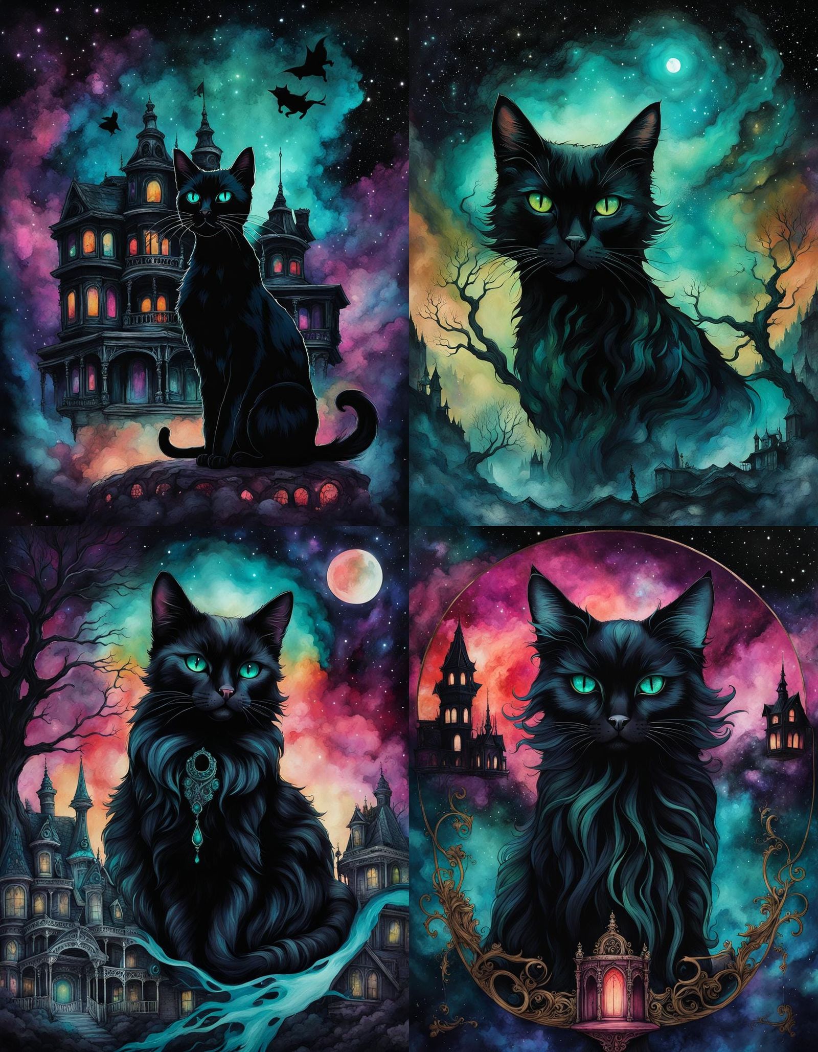 nebula black cat, dilapidated mansion, whimsical, alcohol ink flow, noctilucent palette, horror by Jana Heidersdorf Vict...