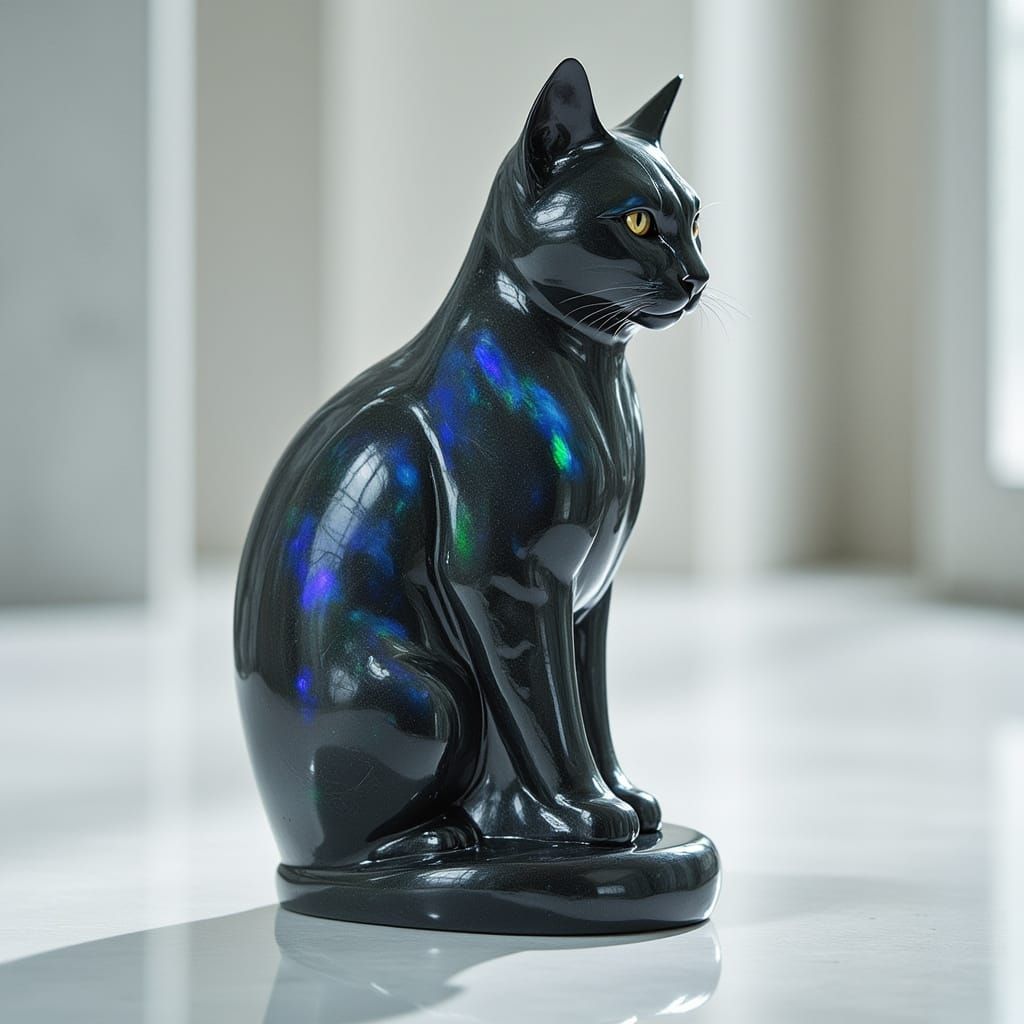 <lora:Archetypal Images:1.0> <lora:Black Opal:1.0> A sculpture of a cat that is entirely carved from one large black opal in a white room