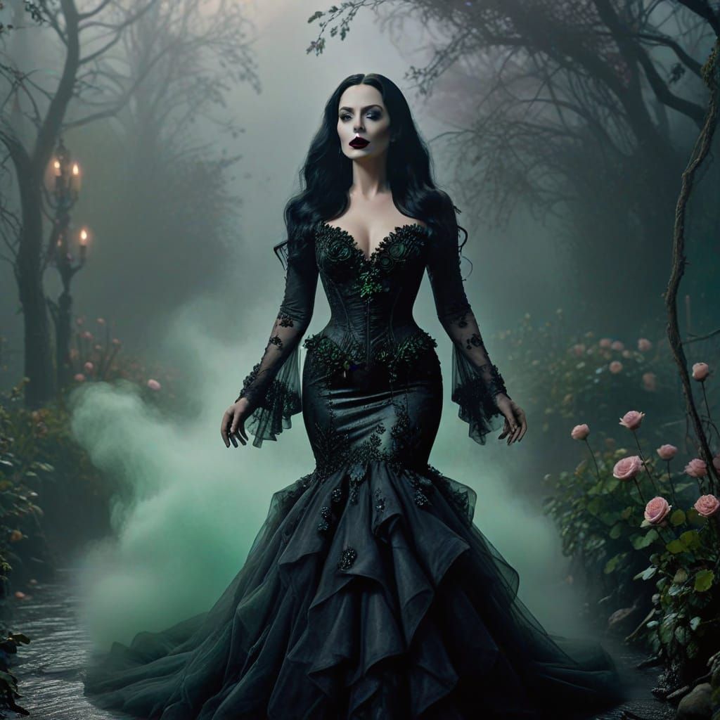 Gothic noir. long shot. Morticia Addams covered in a cloud of smoke, whirlwind, pink and green highlight ...  by @KrumpyOldGamer