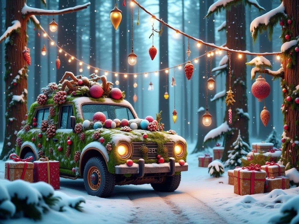 An enchanted Car Ent surrounded by floating Xmas presents in the air in a wintery snowy forest. Xmas lights. <lora:FiosEnchantedEnts:1.0> 