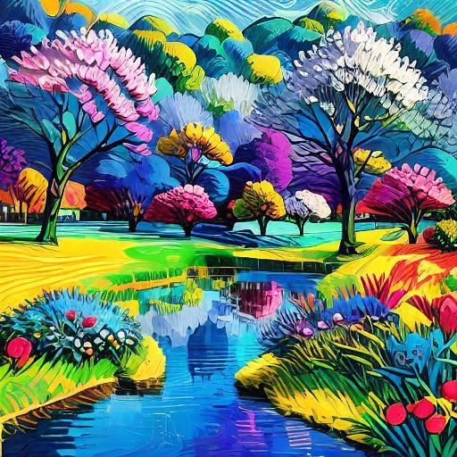 <lora:Colorful15V2:1.0> Village lake flower tree colorful 