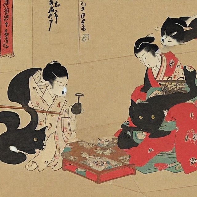 Two geishas and a  cat in the room, 1645