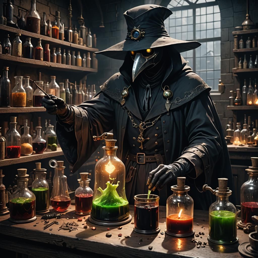 A plague doctor mixing potions  in strange laboratory  by @Ash