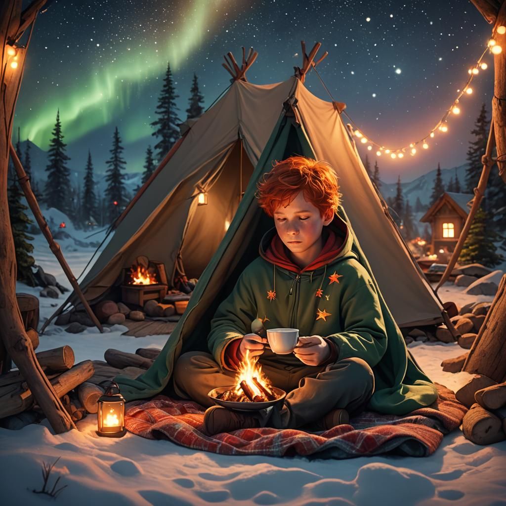 Cozy Tent Under Aurora Borealis in Matte Painting
