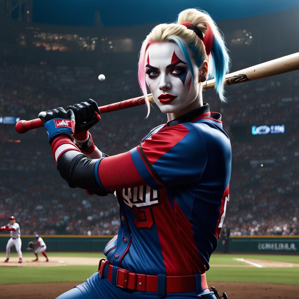 Harley Quinn dressed as a baseball player
