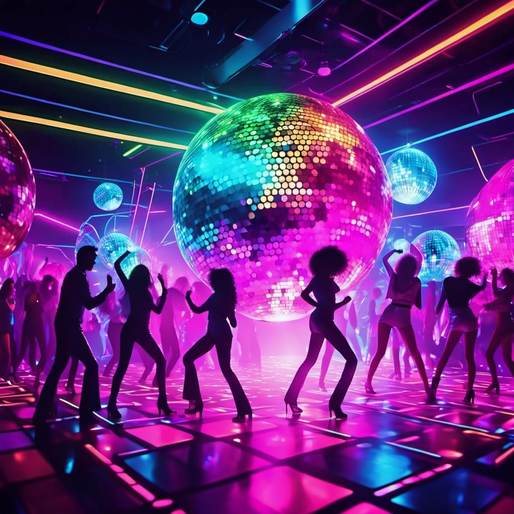 Super high resolution image of people partying and having fun dresses in 1970s attire on a light lit glowing dancefloor in a up beat 1970s d...