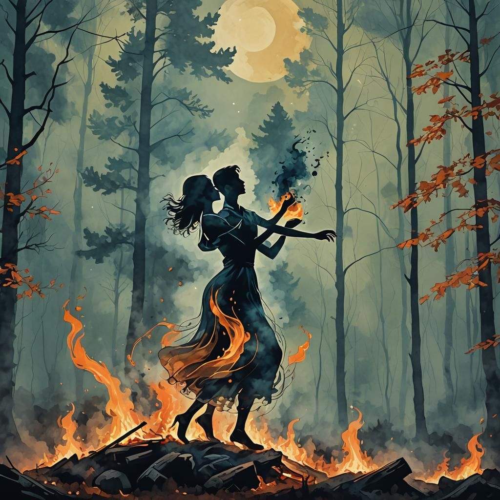 dancing couple formed from the smoke of a campfire in the fo...