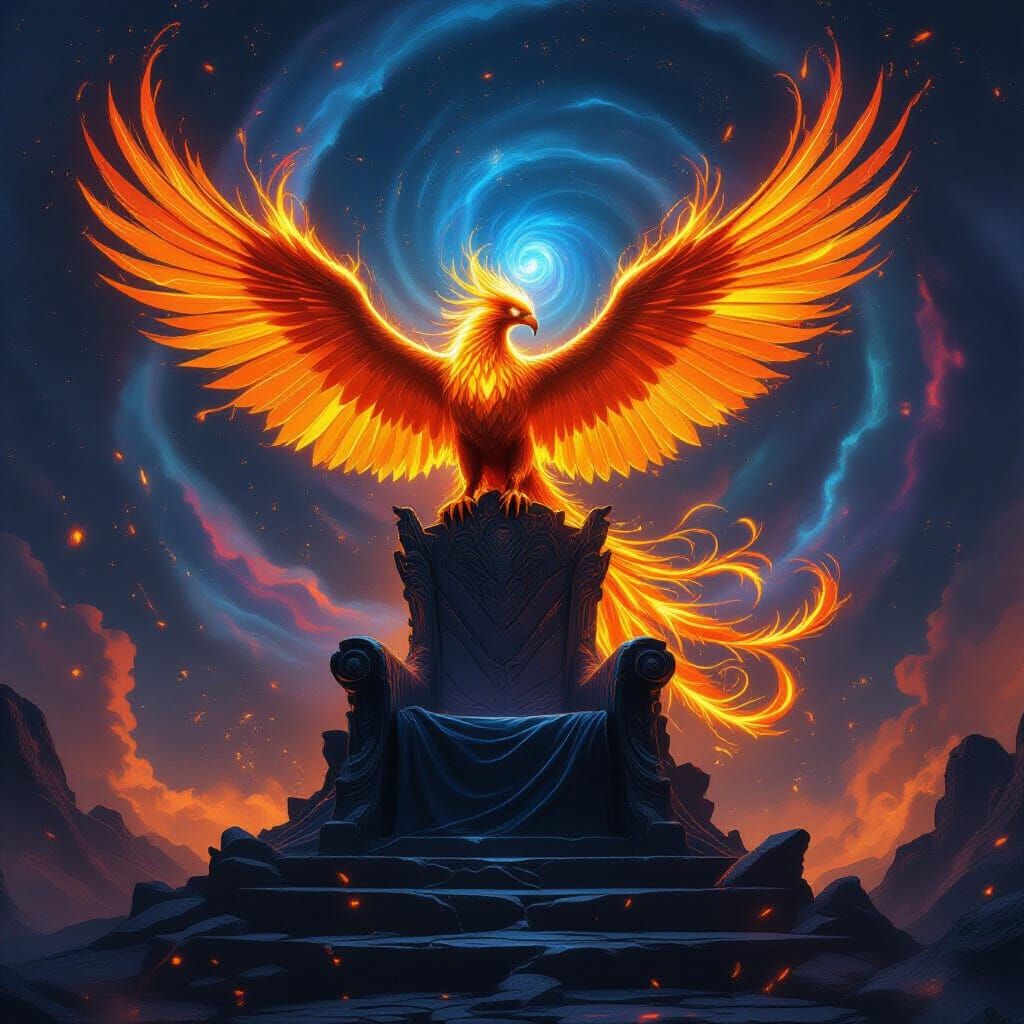A majestic phoenix crafted entirely from molten gold and fiery embers, perched atop a crumbling obsidian throne. The background is a swirlin...