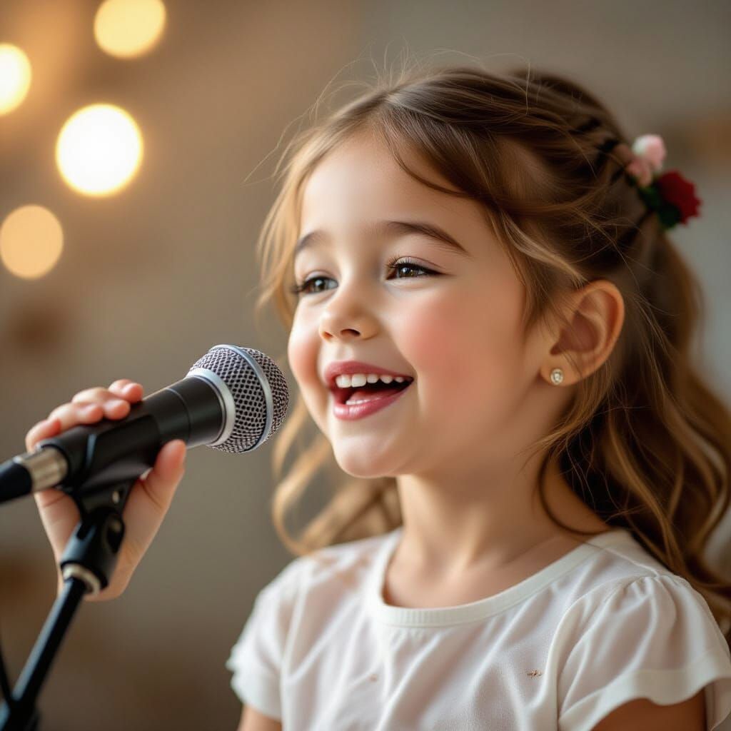 Beautiful Girl Singing Joyfully with Microphone