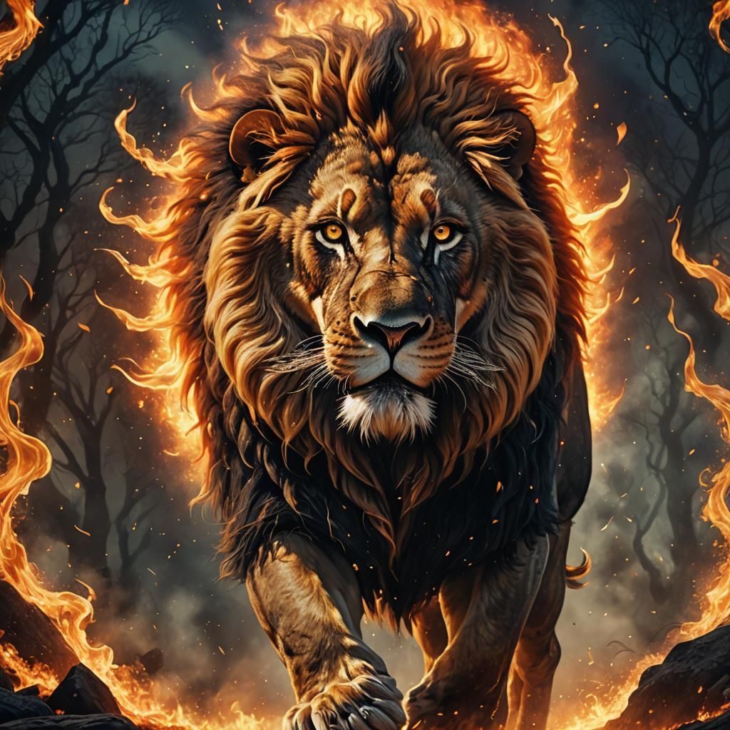 A hyper-realistic digital artwork of an epic lion made of fl...