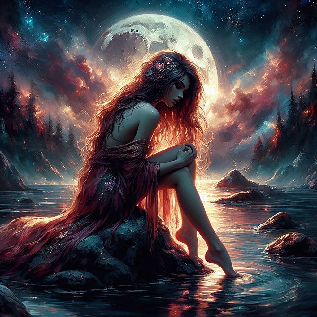 A painting of a woman sitting on a rock in the water