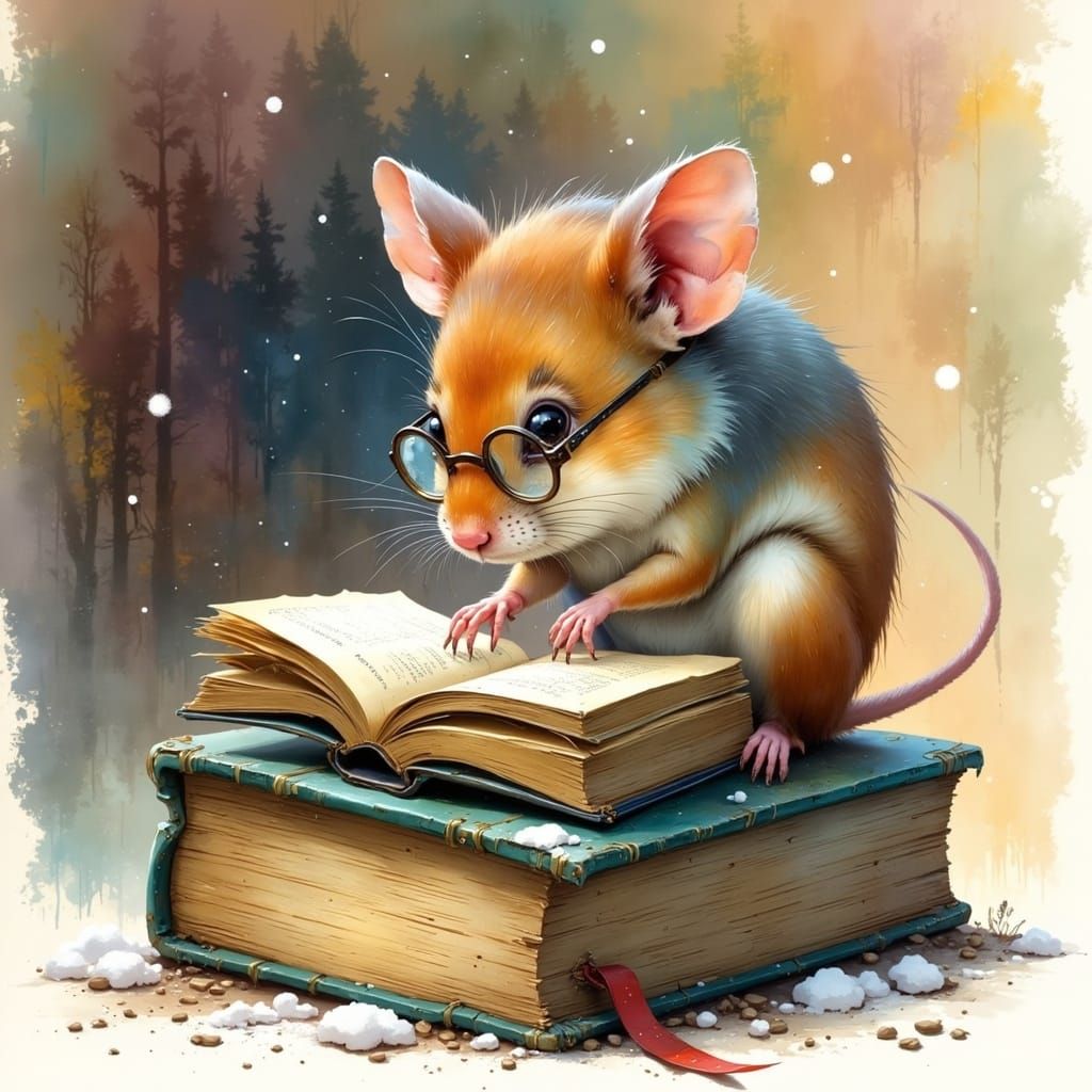 <lora:Colorful-Flux:1.0> Charcoal and ink illustration of a small, adorable mouse with large, expressive eyes wearing round spectacles looki...