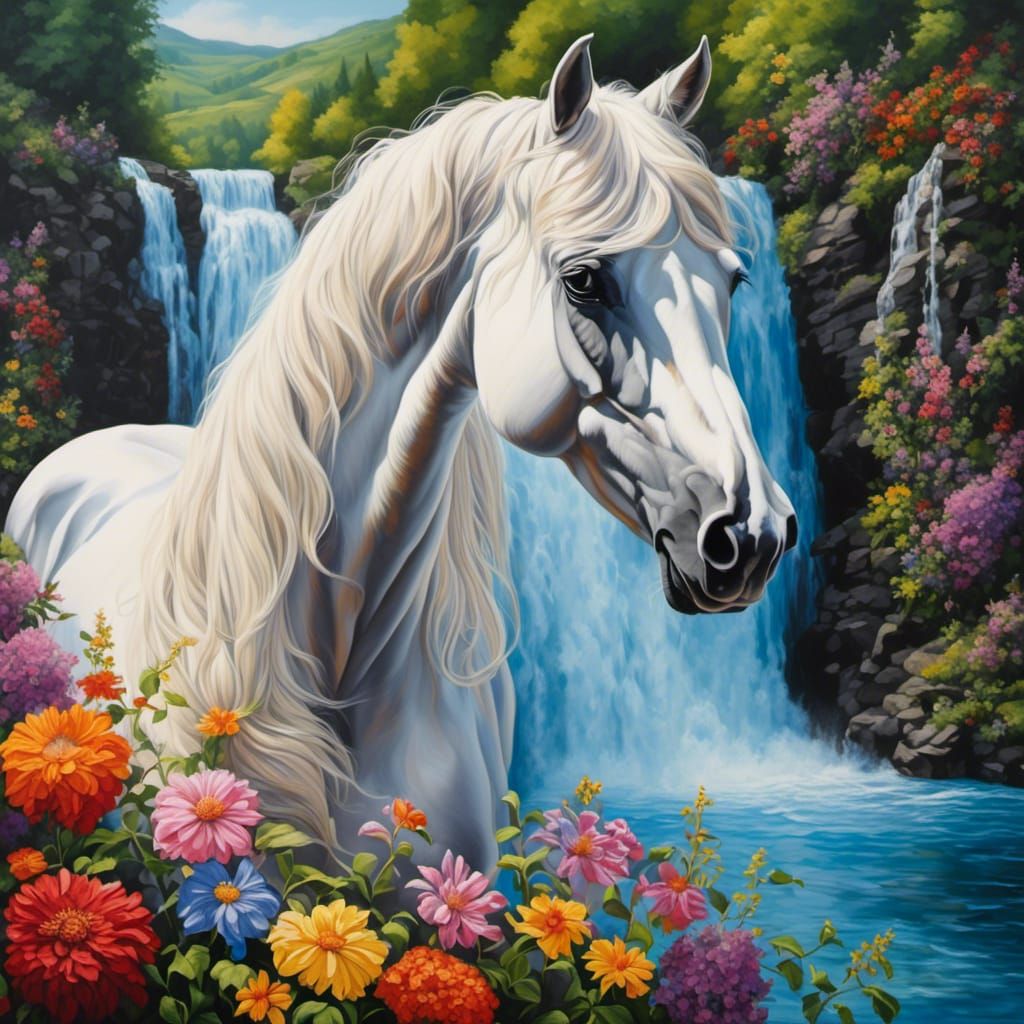 <lora:Framed in Flowers:1.0> a portrait of a beautiful horse with detailed eyes with a waterfall background.