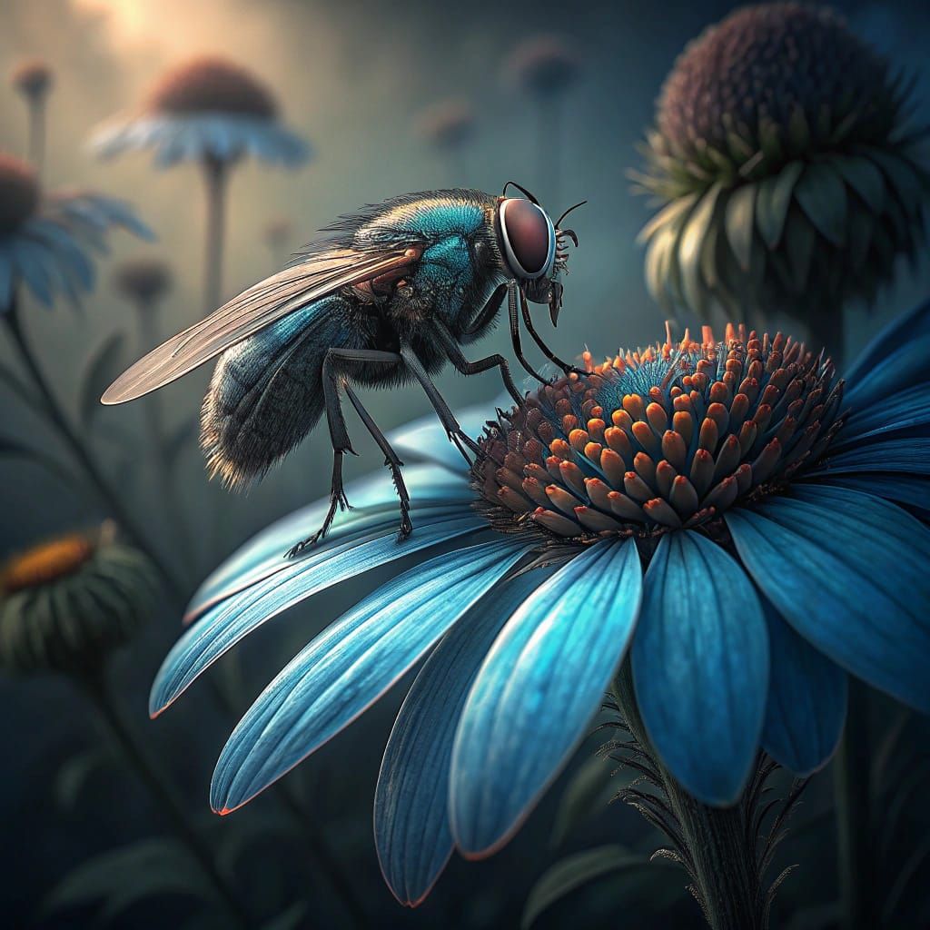 Close up of a fly on a blue coneflower.   by @RPGCatLover