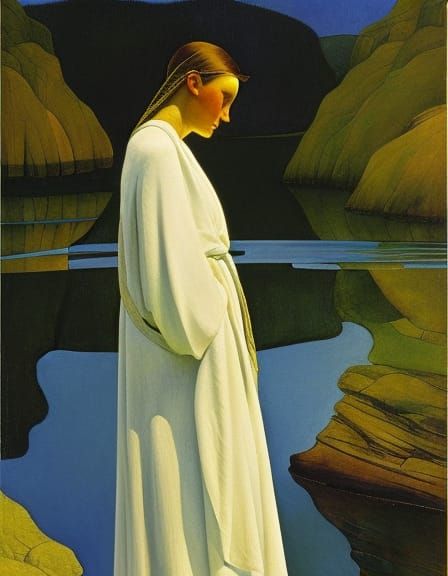 woman, robed in blue waters, river, Jean Giraud, N.C. Wyeth,...