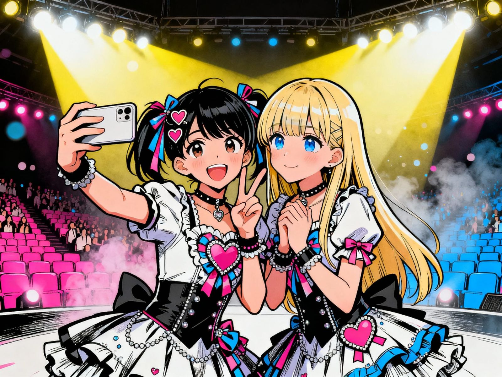 Two anime idol girls taking a full-body selfie on stage after a concert, 
smiling toward the camera with ...  by @undefined