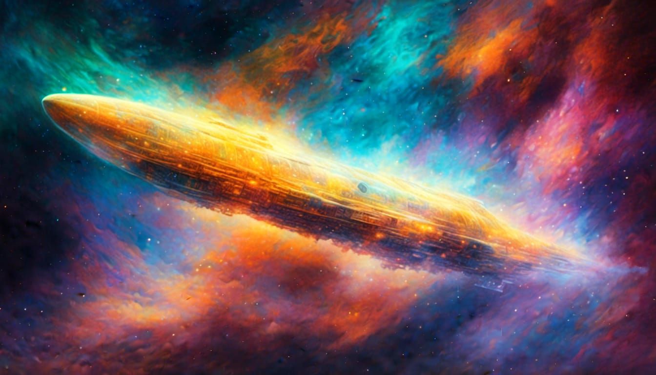 <lora:Ghostly:1.0> A spaceship pushes through a glowing nebula of vibrant gas and dust, celestial, otherworldly, abstract space art.