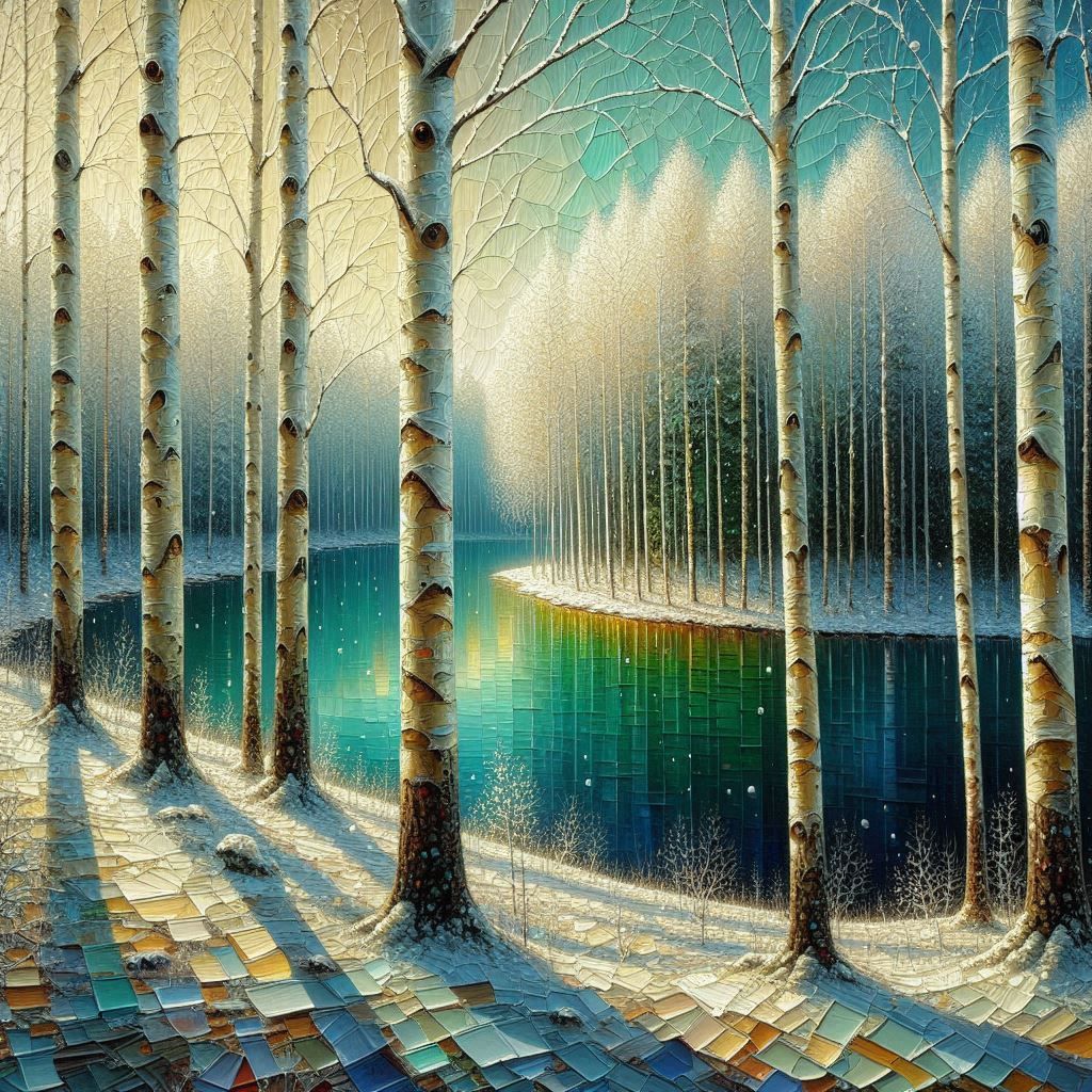 Birch forest with river in winter,  in Lithuania. Impasto la...