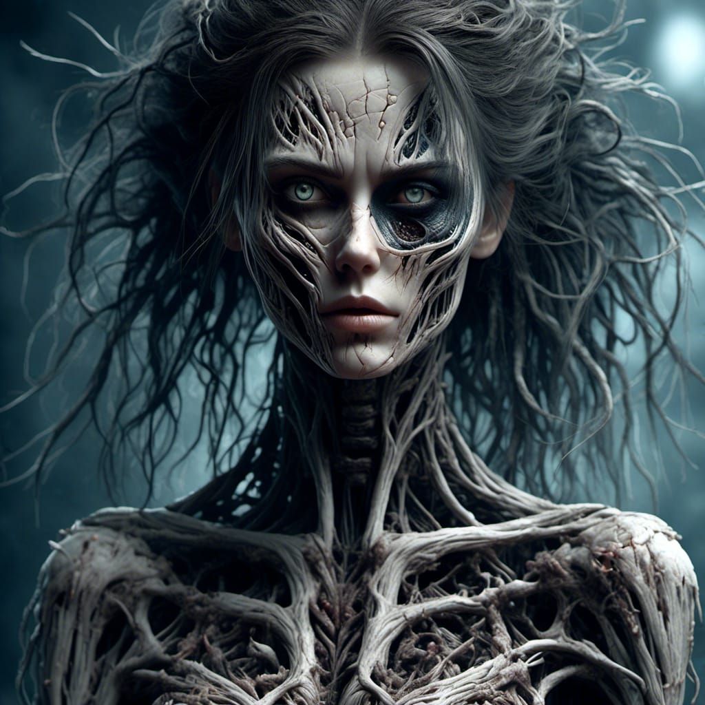 <lora:white hybrids:1.0>  a hyperrealistic image of a attractive woman in the style of Simon Bisley with a sinister mood and a more sinister...