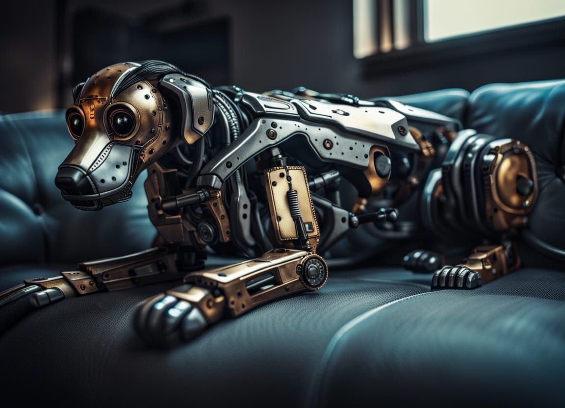 A beautiful robot dog lies on the couch.