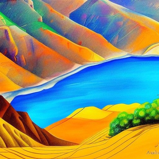 A beautiful and colorful Wadi in Oman as painted by Abdelwah...