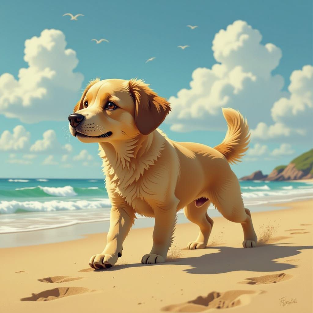 Sand Dog Walks on Beach, Miyazaki Style