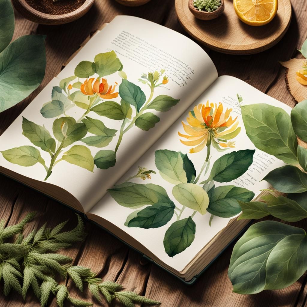 closeup of an open book laying on a wooden table showcasing botanical watercolor illustrations, vintage, ...  by @GingerBredMan1989