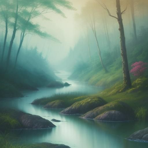 Watercolor River Scene with Misty Mountains