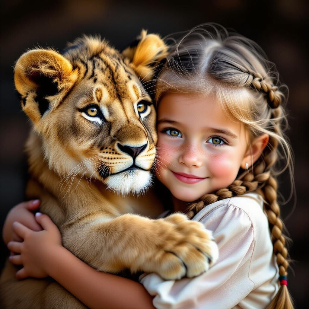 Lion Cub Hugs Girl: Cinematic Masterpiece