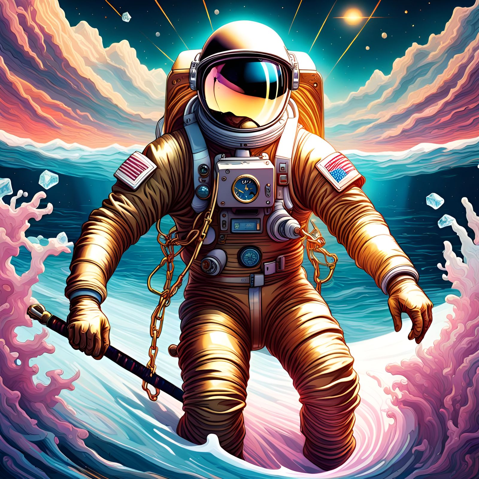 Drippy Astronaut In The Ocean Riding Very Colourful Wave AI Generated