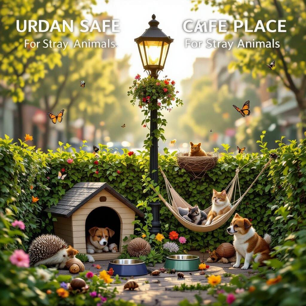 Креирај соларна светилка - photovoltaic, бандера со куќарка за куче најдоле, на средина лежалка за маче и гнездо за птици погоре. Заедно со ...